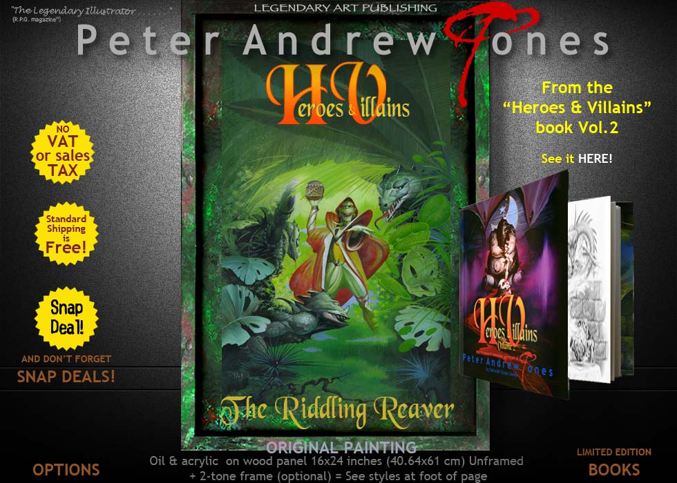 Solar Wind Heroes
              & Villains The Riddling Reaver Fighting Fantasy Oil
              Painting and Limited Edition Print and book of a roleplay
              game illustration